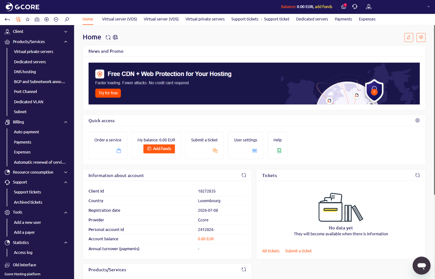 Dashboard Quick access section with the Add funds button