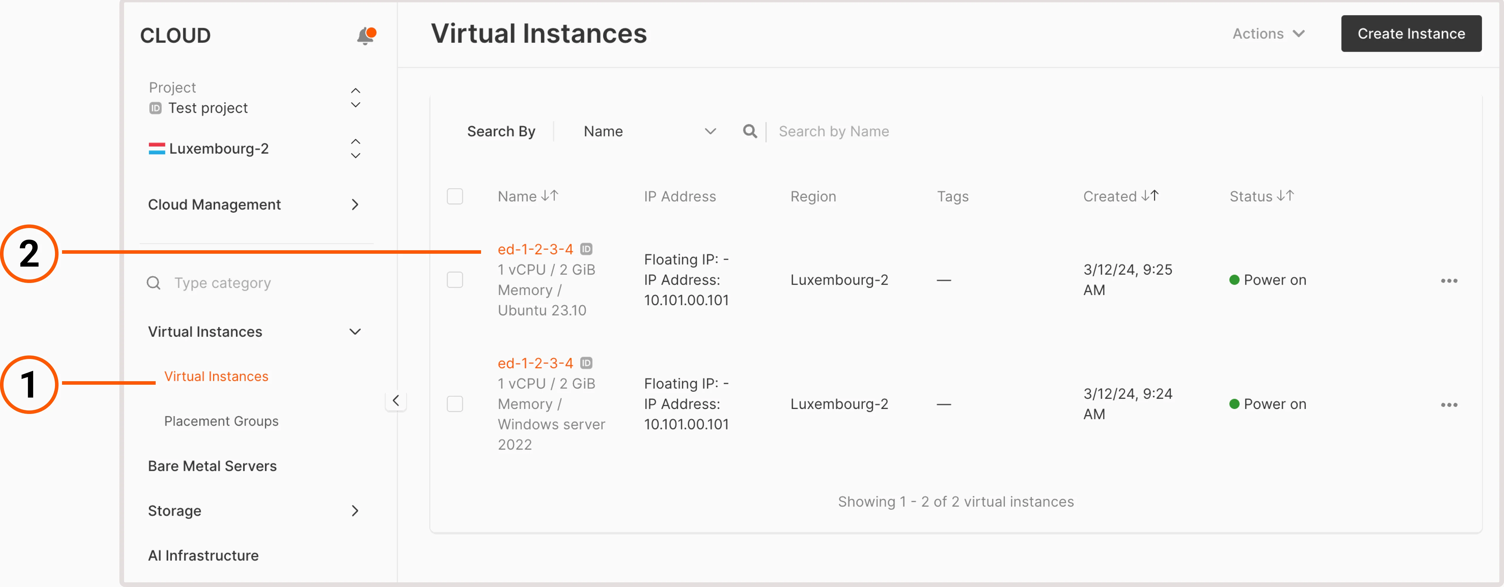 A Virtual Machines tab in the Gcore Customer Portal