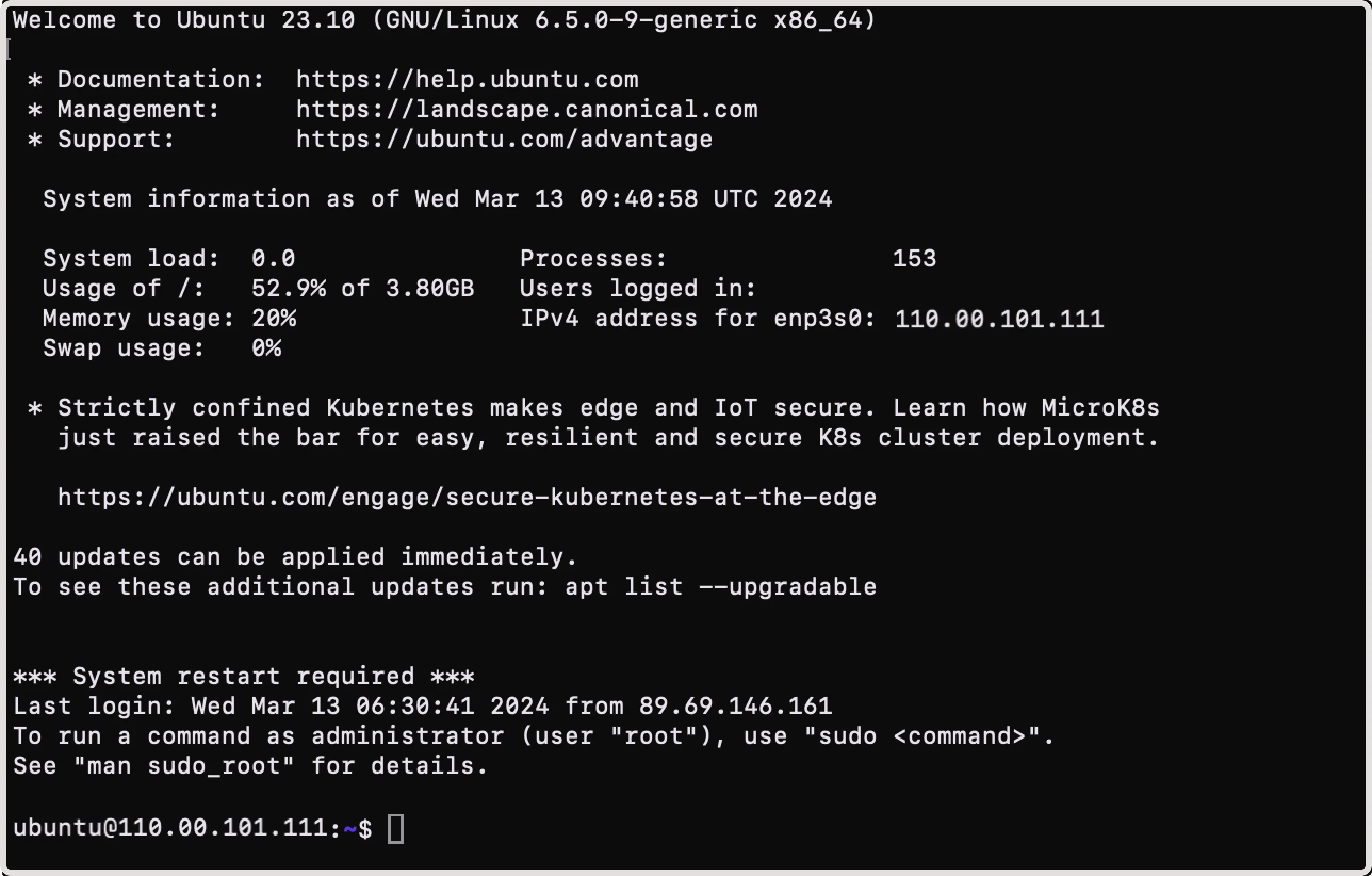Ubuntu terminal displaying successful connection to an instance