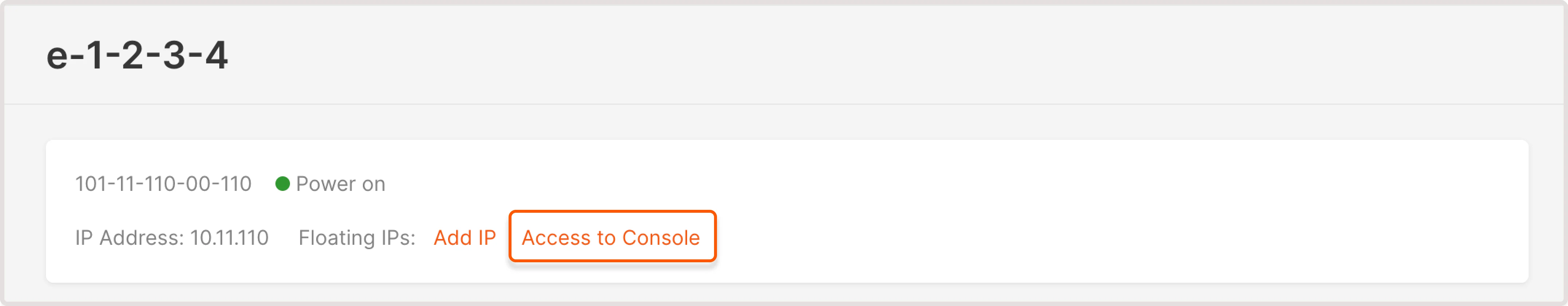 Overview of a Virtual Machine with the Access to console link highlighted