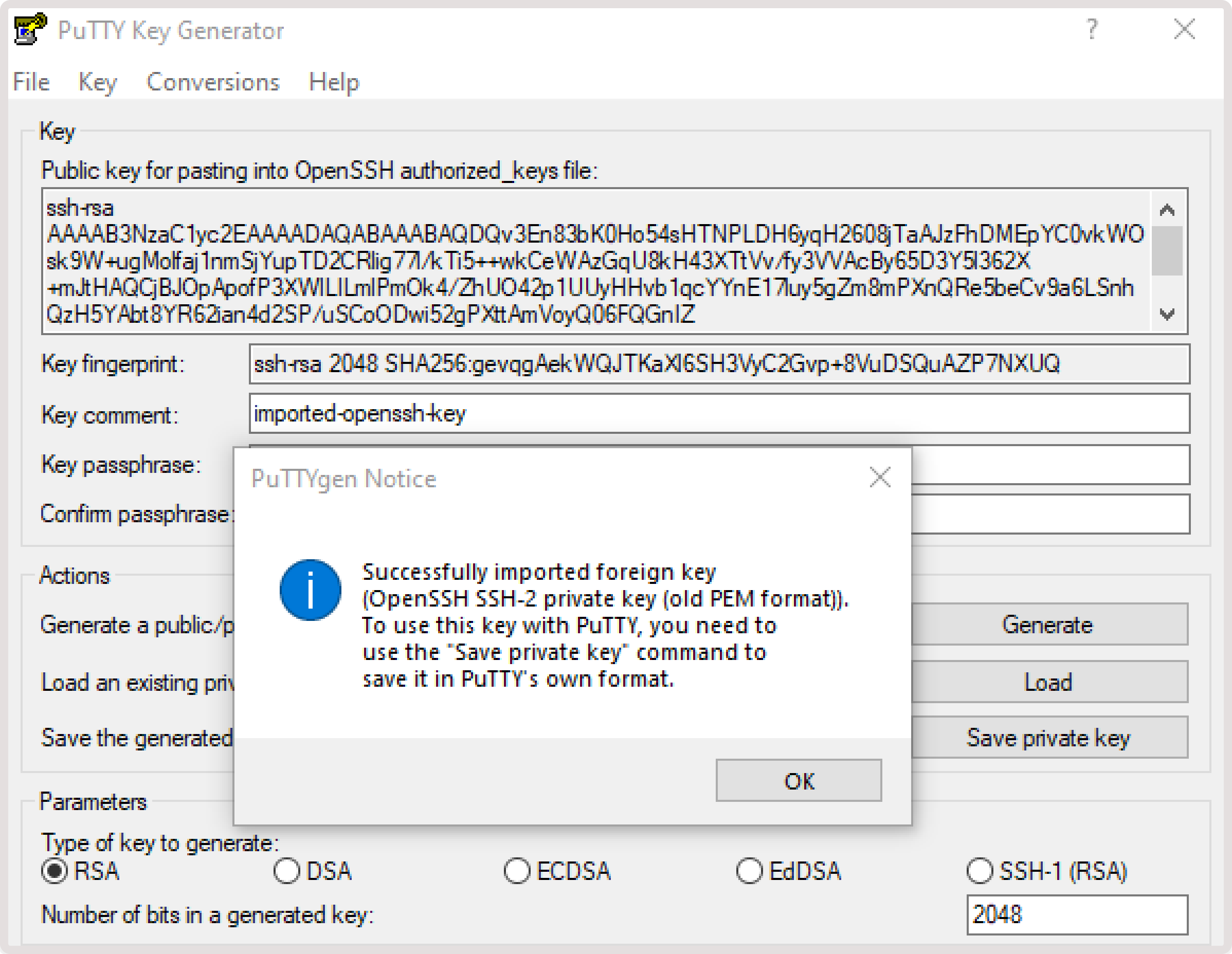 PuTTYgen confirmation that the key has been imported