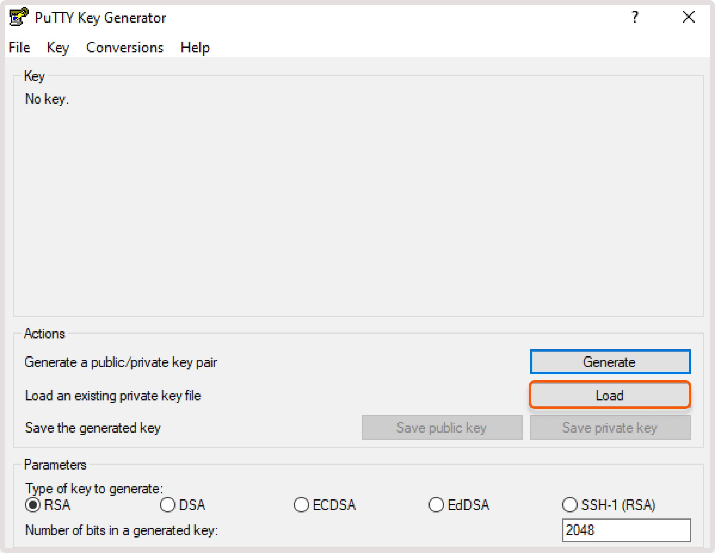 PuTTYgen app with the Load button highlighted