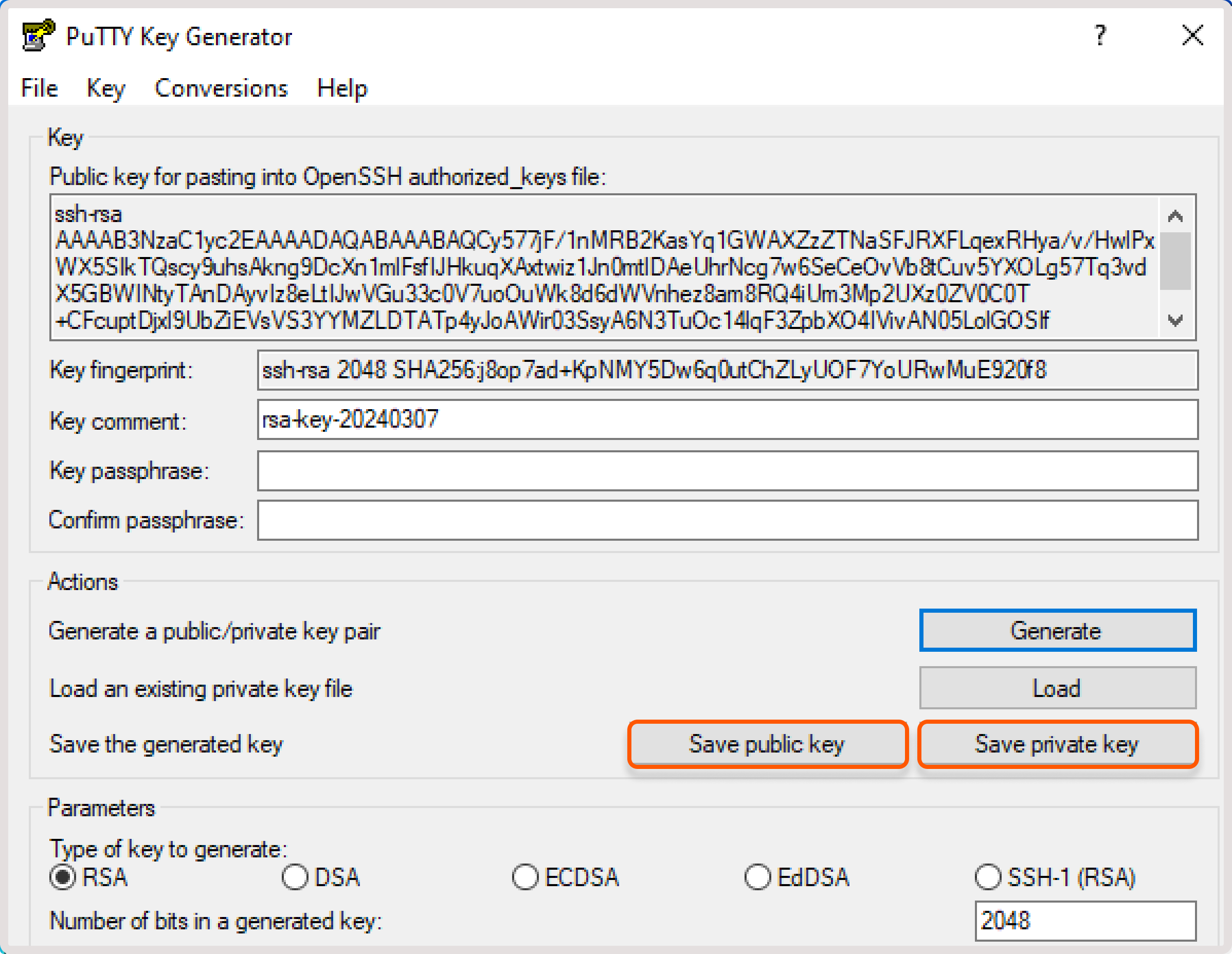 PuTTYgen app with the Save public key and Save private key buttons highlighted
