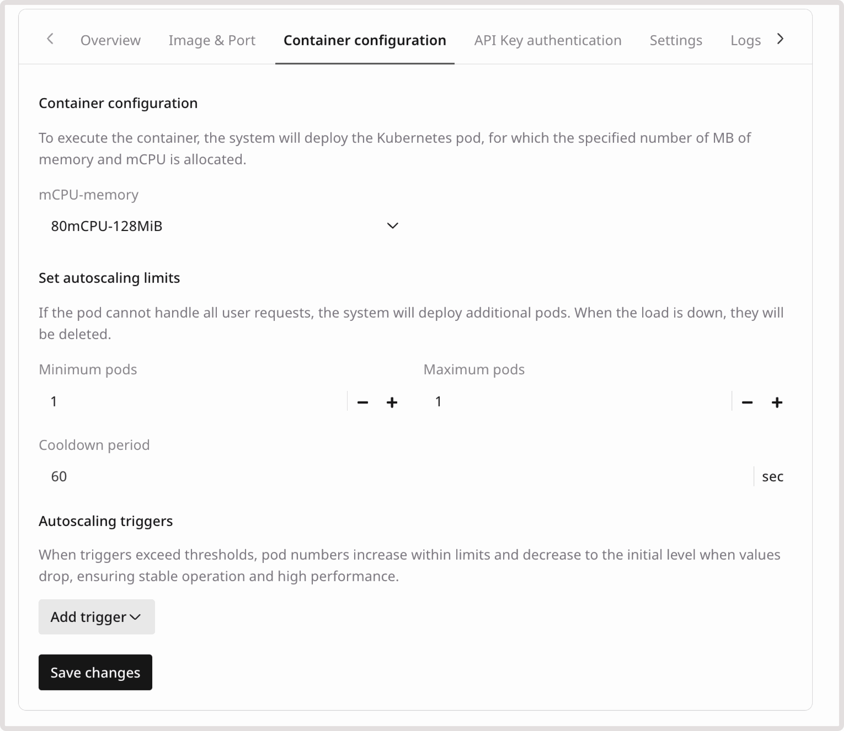 Container configuration tab