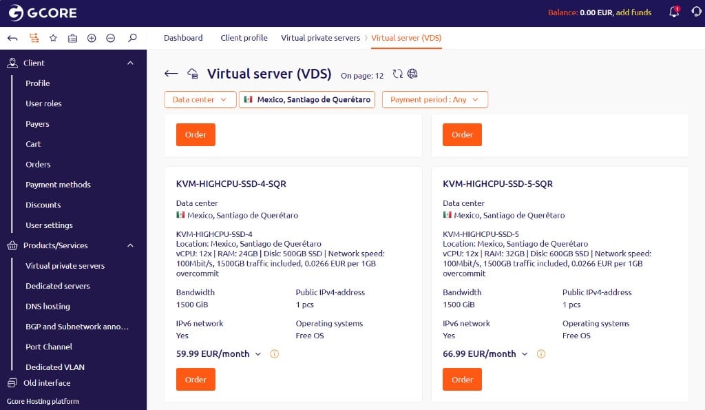 VPS plan list in Mexico filtered by data center, showing KVM-HIGHCPU-SSD-4-SQR with the Operating systems Free OS tag