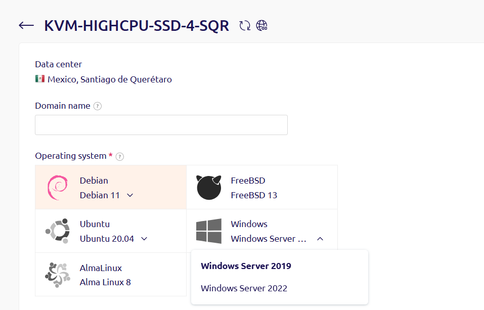 KVM-HIGHCPU-SSD-4-SQR order form with Windows selected and version dropdown expanded