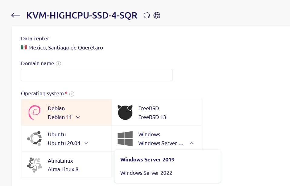 KVM-HIGHCPU-SSD-4-SQR order form with Windows selected and version dropdown expanded
