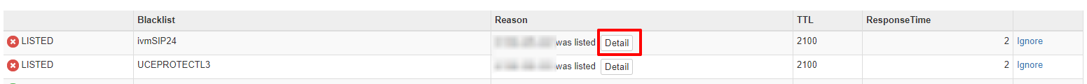 LISTED entries with the Detail button highlighted