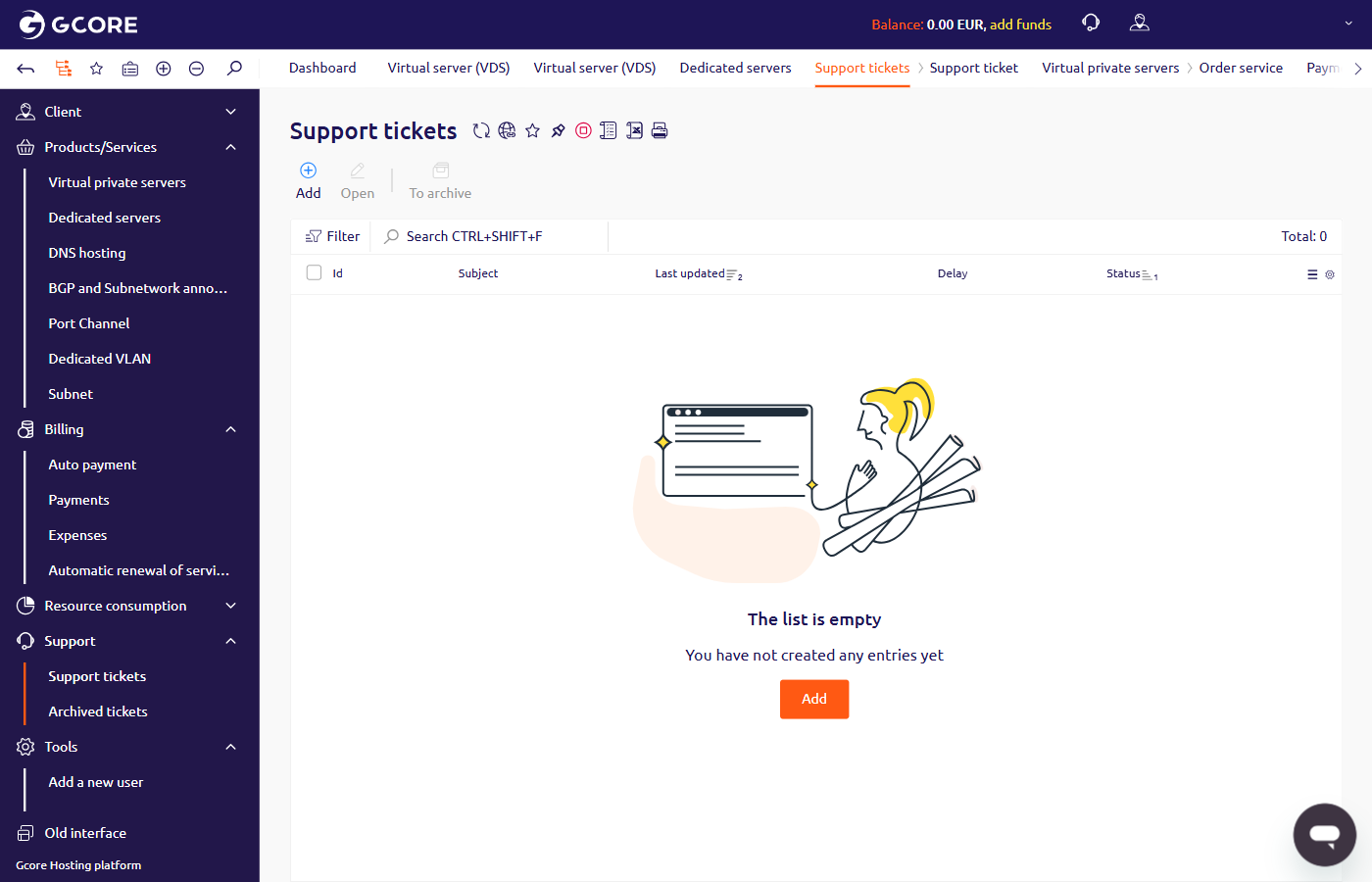 Support tickets section in the Hosting portal sidebar, showing the empty ticket list