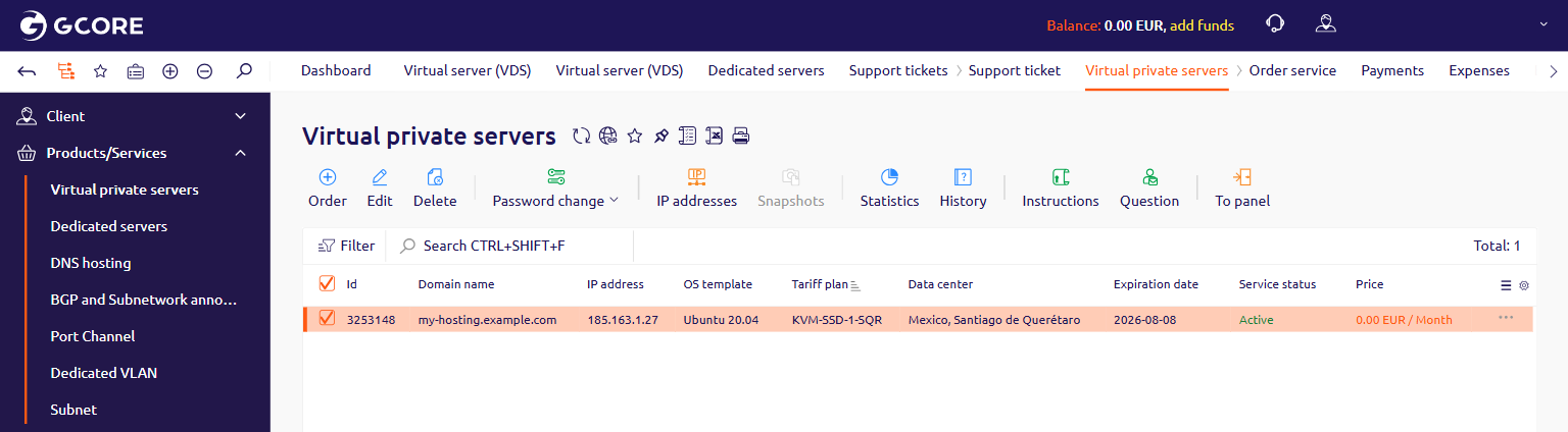 Virtual private servers list with Instructions button highlighted