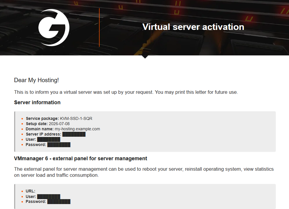 Server information page showing credentials
