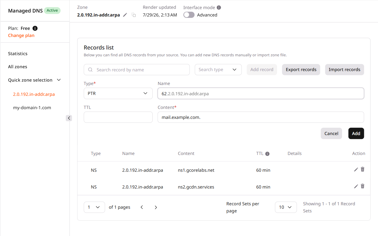 PTR record form inside a reverse DNS zone
