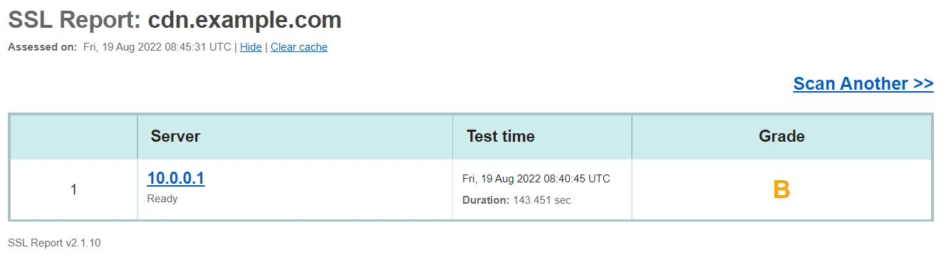 SSL report for the domain with B grade