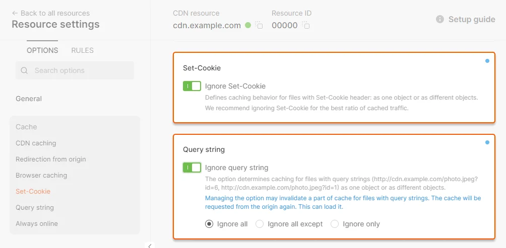 Set-Cookie and Query string options