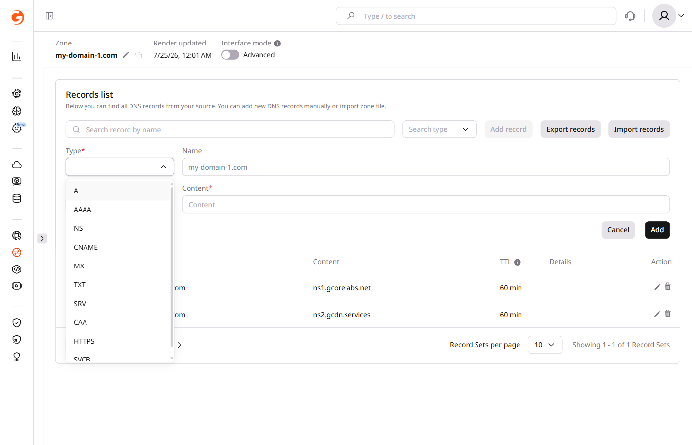 Supported DNS record types