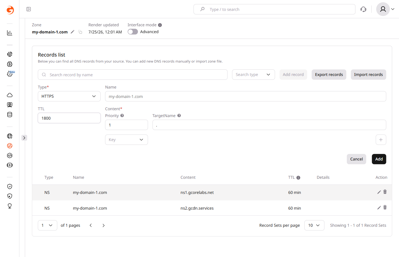 Example of adding an HTTPS record