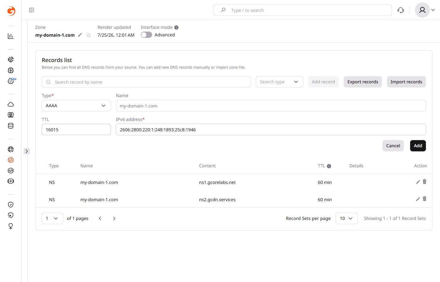 Example of adding an AAAA record