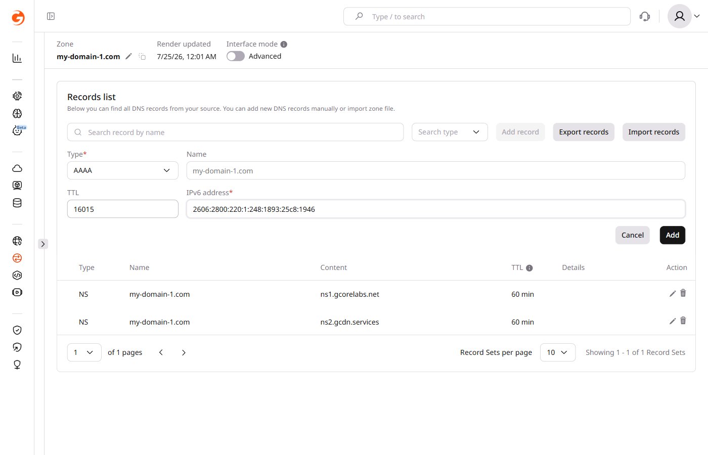 Example of adding an AAAA record