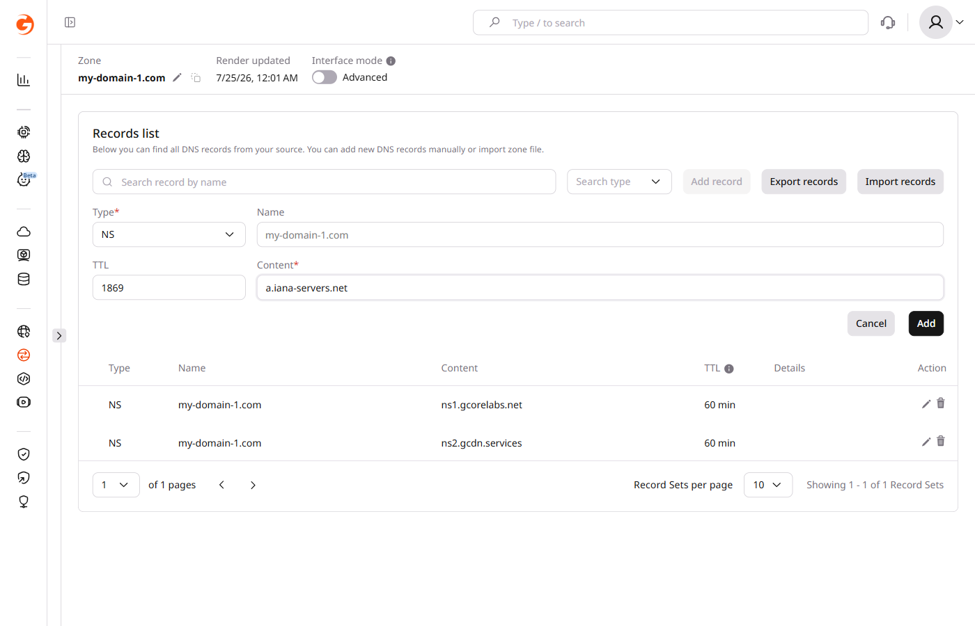 Example of adding an NS record