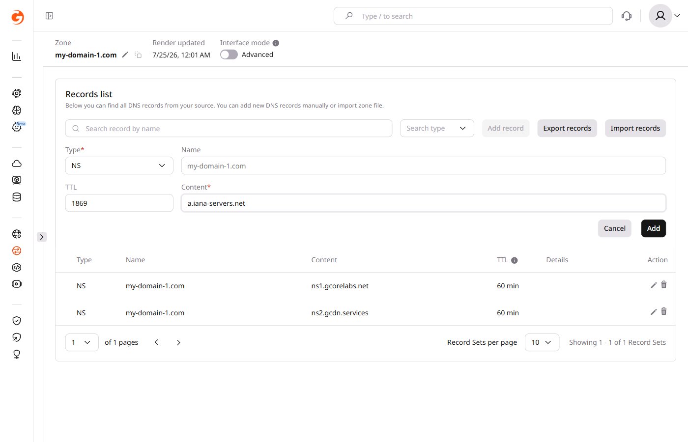 Example of adding an NS record