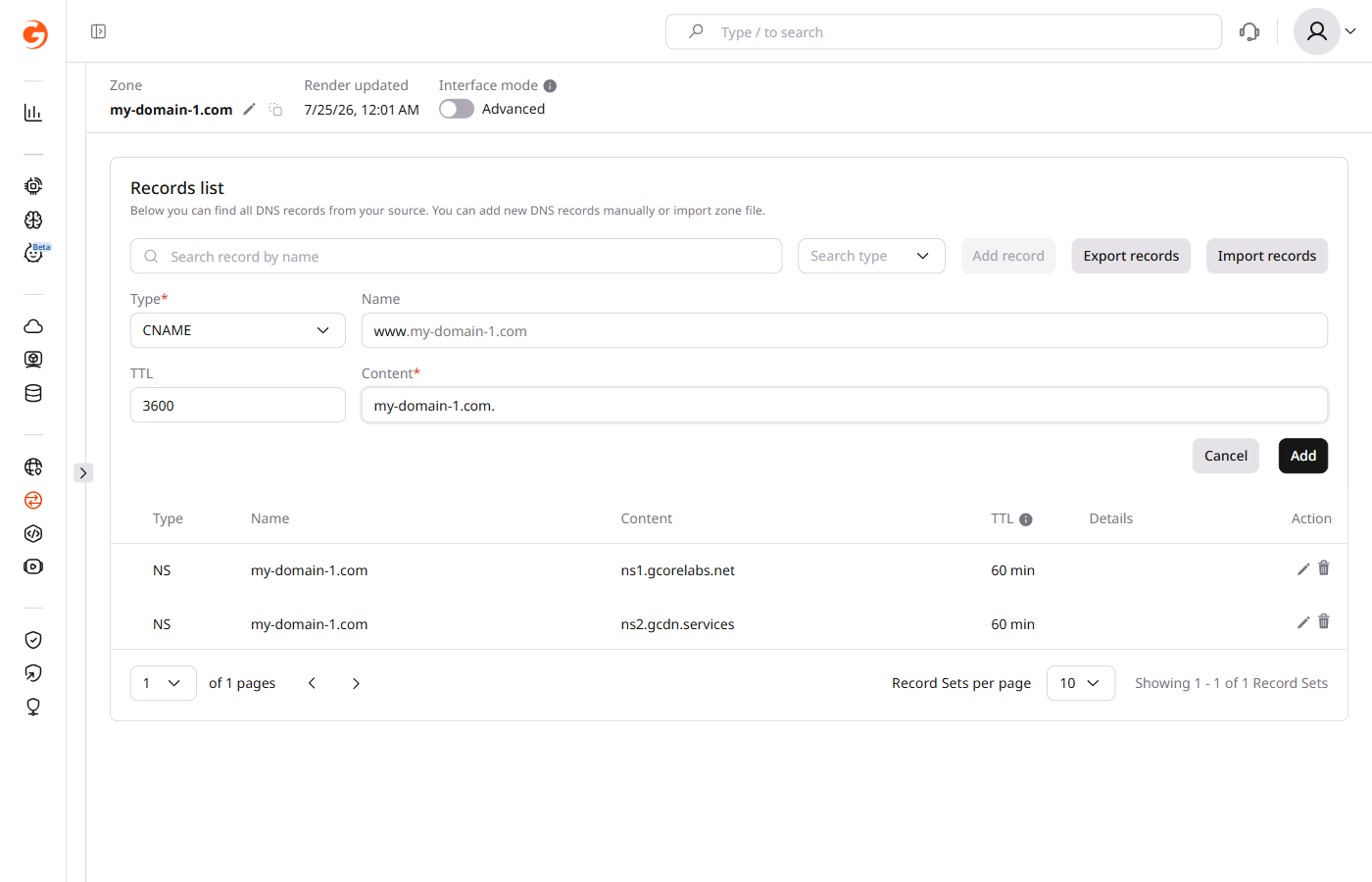 Example of adding an CNAME record