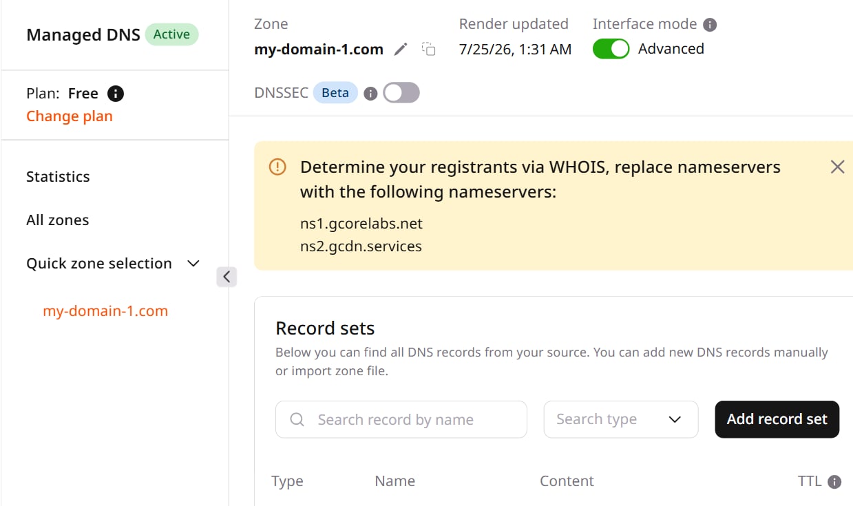 Zone records page with the Advanced interface mode toggle enabled
