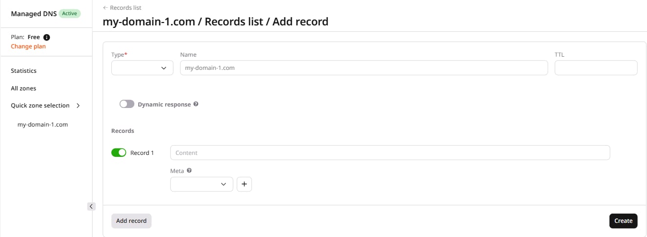 Add record form with Type, Name, TTL, Dynamic response, and Records fields
