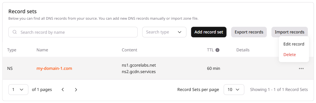 Zone records list with the three-dot menu showing Edit record and Delete options