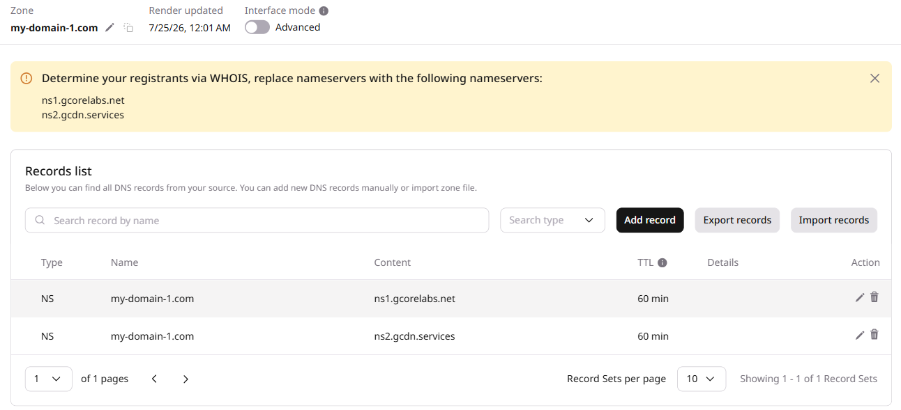 DNS zone records list with Add record, Export records, and Import records buttons
