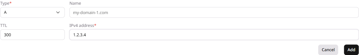 Add record form with Type, Name, TTL, and Content fields