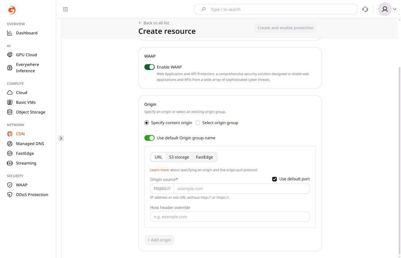 Enable WAAP toggle in CDN resource creation form