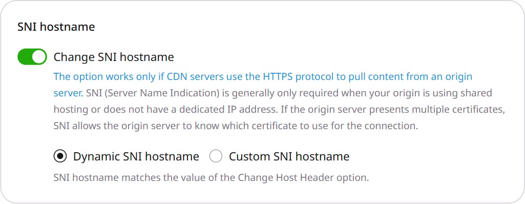 SNI hostname settings with dynamic and custom hostname options
