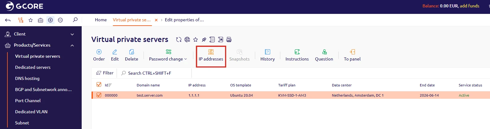IP addresses tab