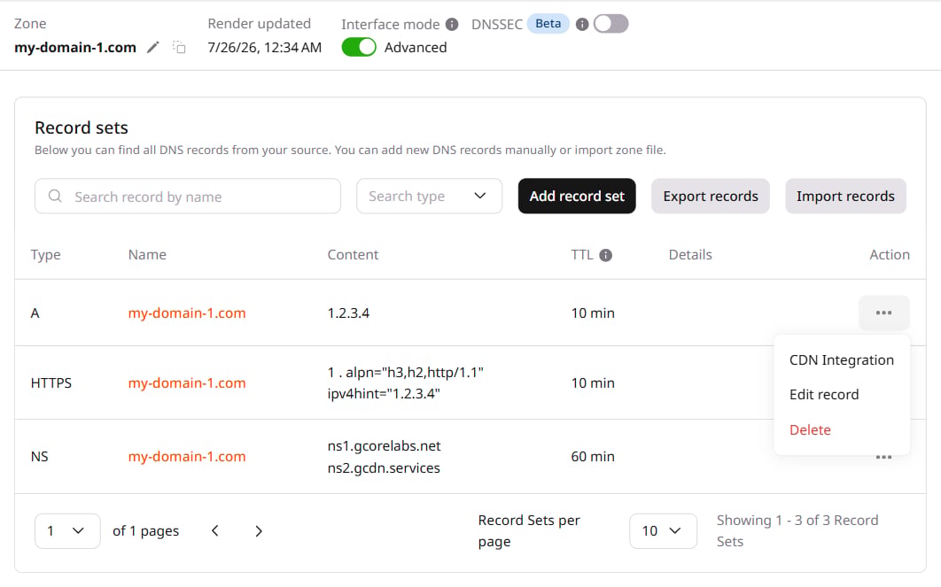 Record sets list with CDN Integration option in the three-dot menu
