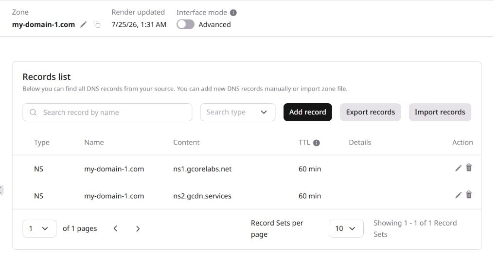 Zone records page with Export records and Import records buttons