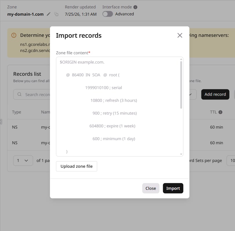 Import records dialog with zone file content field and Upload zone file button