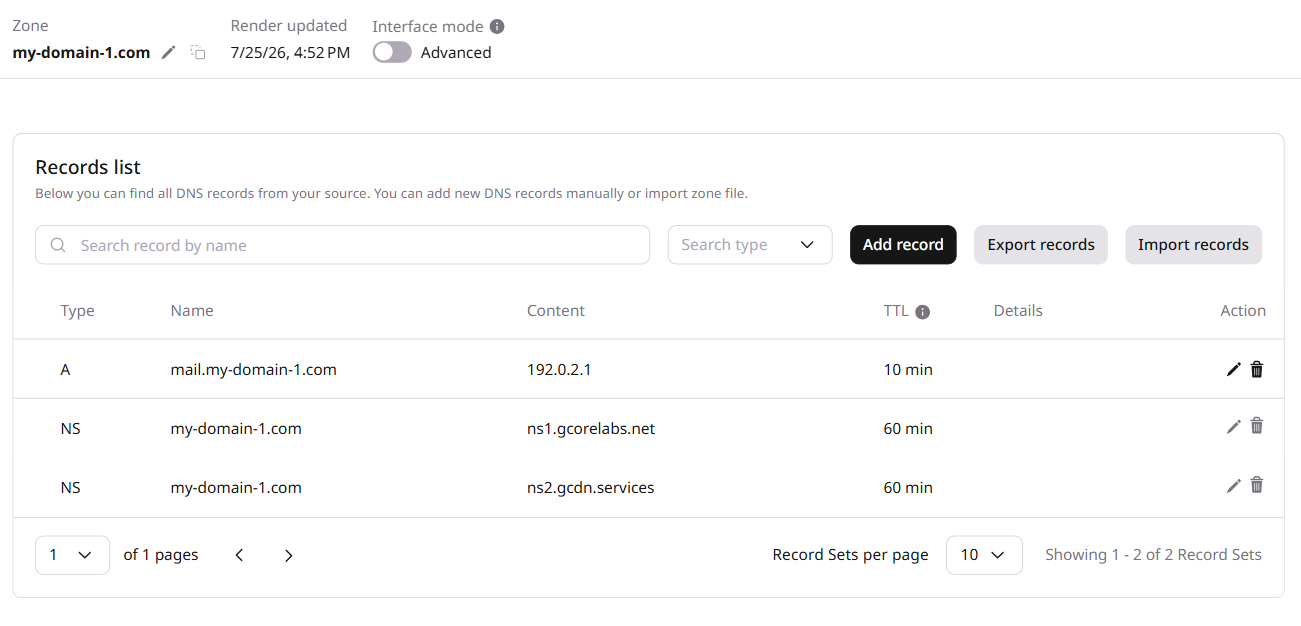 DNS records list with an A record added for mail.sample-test.com