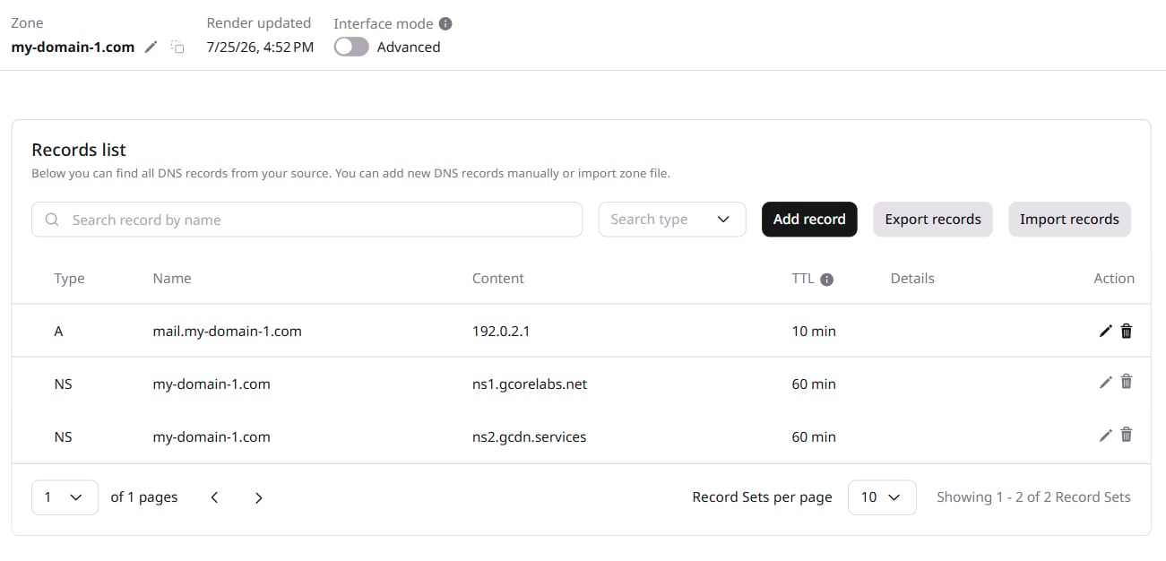 DNS records list with an A record added for mail.sample-test.com
