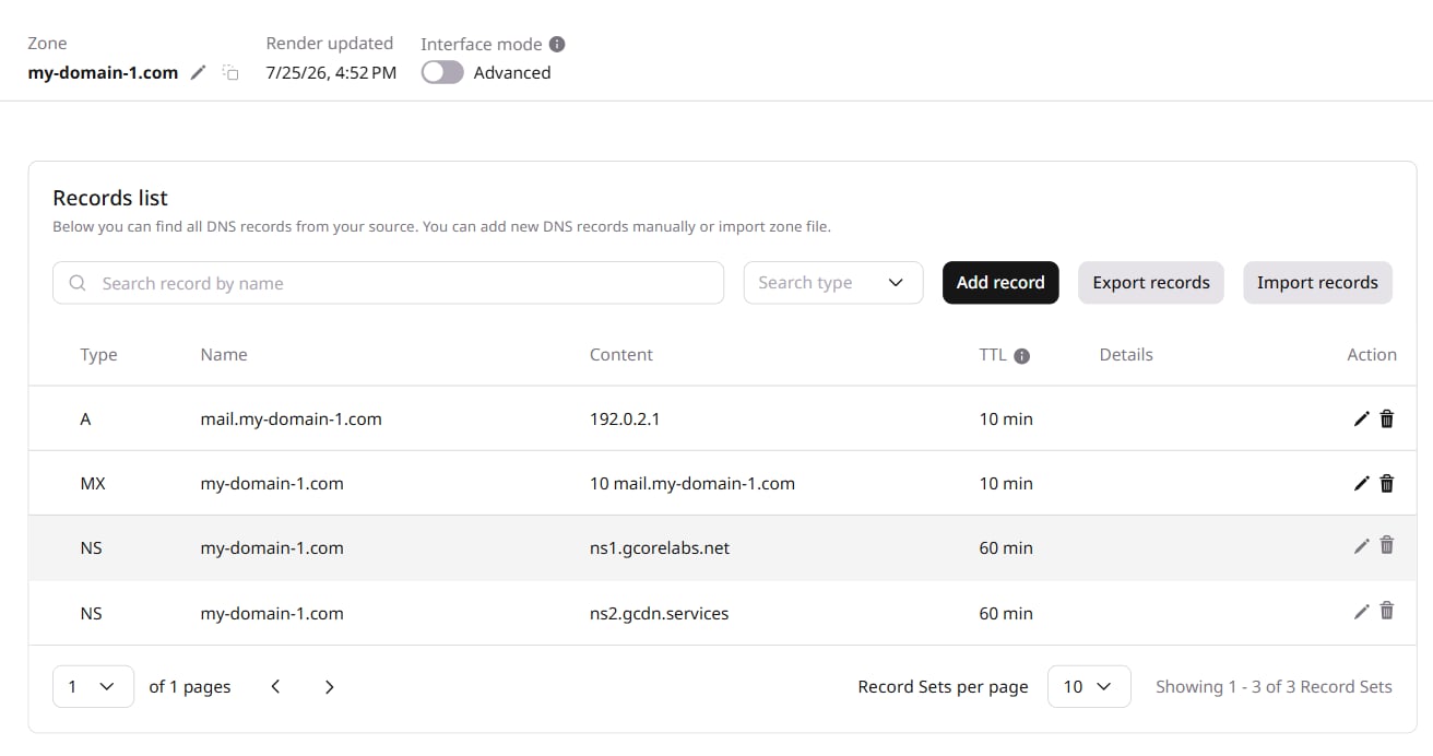 DNS records list with A and MX records added