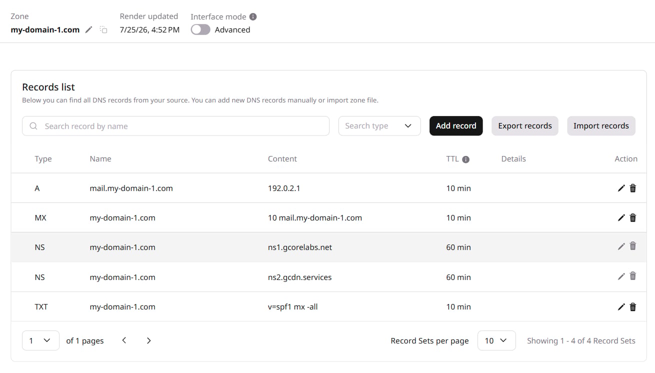 DNS records list with A, MX, and SPF TXT records added