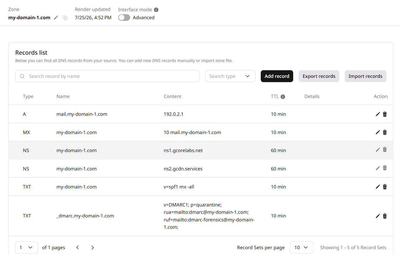 DNS records list with DMARC TXT record entry