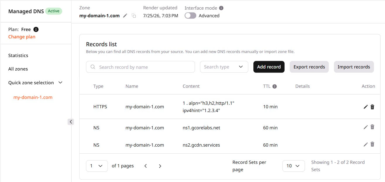 Zone records list with the Add record button