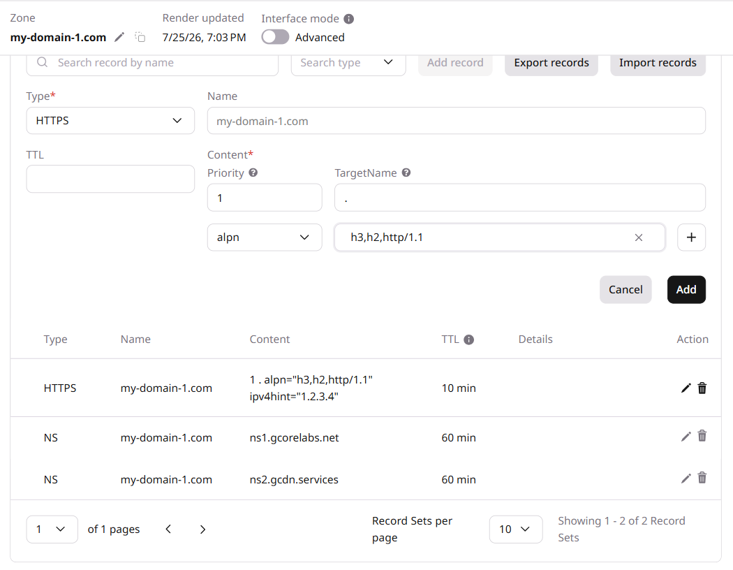 HTTPS record form with alpn attribute configured