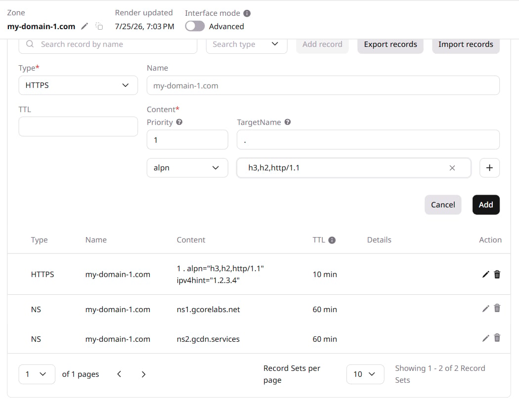 HTTPS record form with alpn attribute configured
