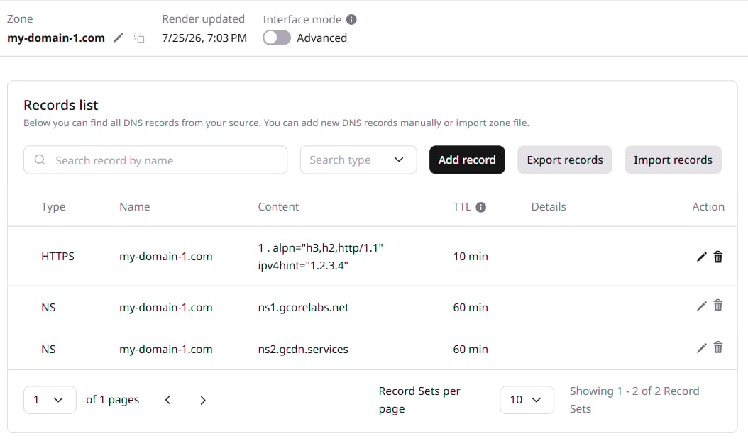 Zone records list showing the new HTTPS record