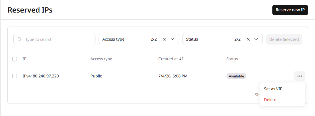 Reserved IPs row context menu with Set as VIP option