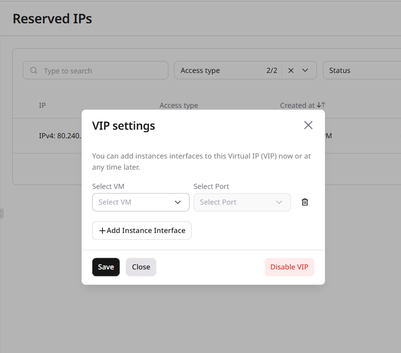 VIP settings dialog with Select VM and Select Port dropdowns