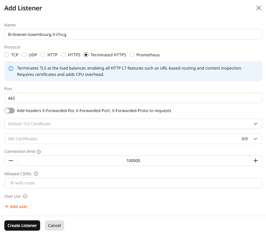 Add Listener dialog with Terminated HTTPS protocol and certificate fields