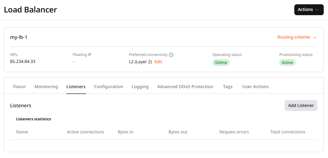Listener tab in the Load Balancer settings