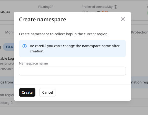 Create namespace dialog
